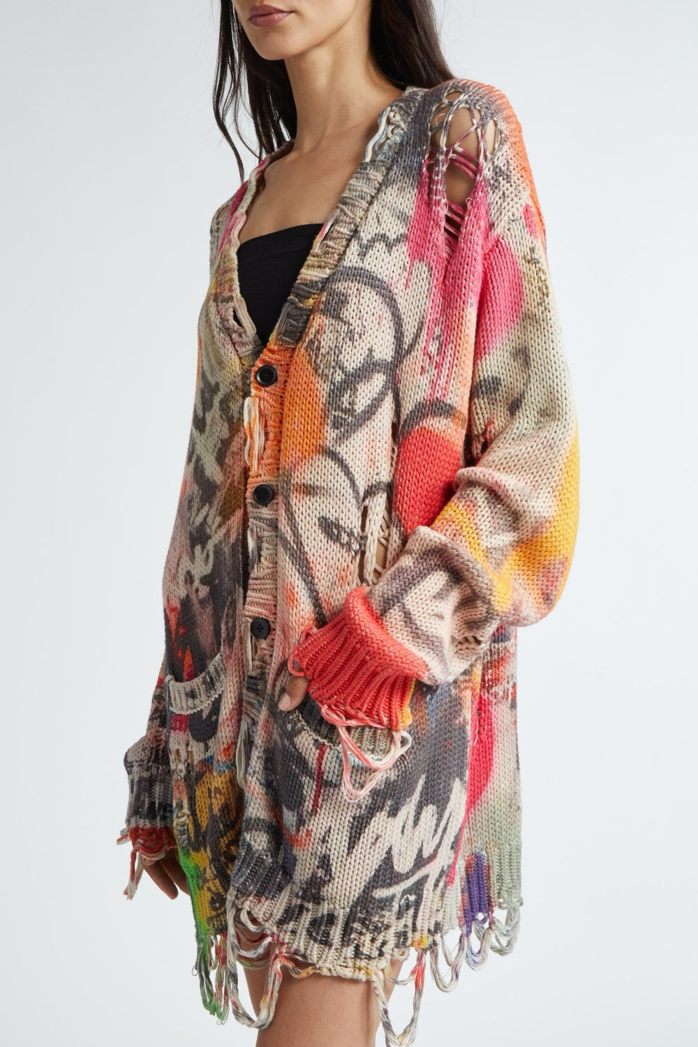 Onida Graffiti Printed Distressed Cardigan
