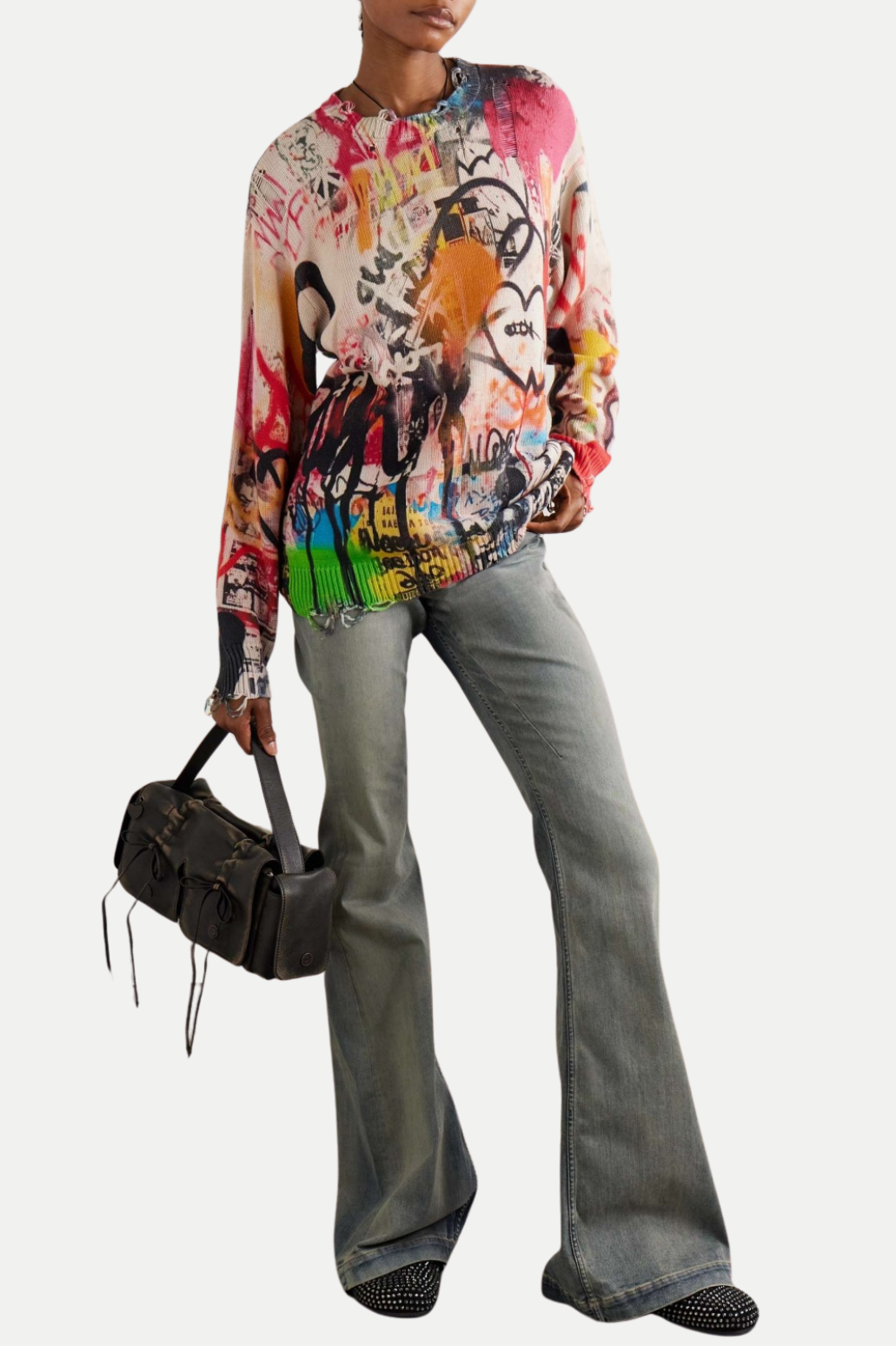 Onida Graffiti Printed Distressed Sweater