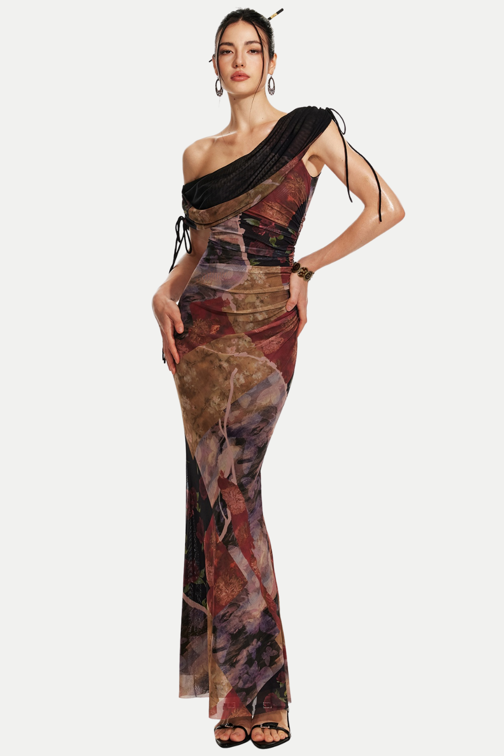 Rosala Print Mesh Off Shoulder Maxi Dress