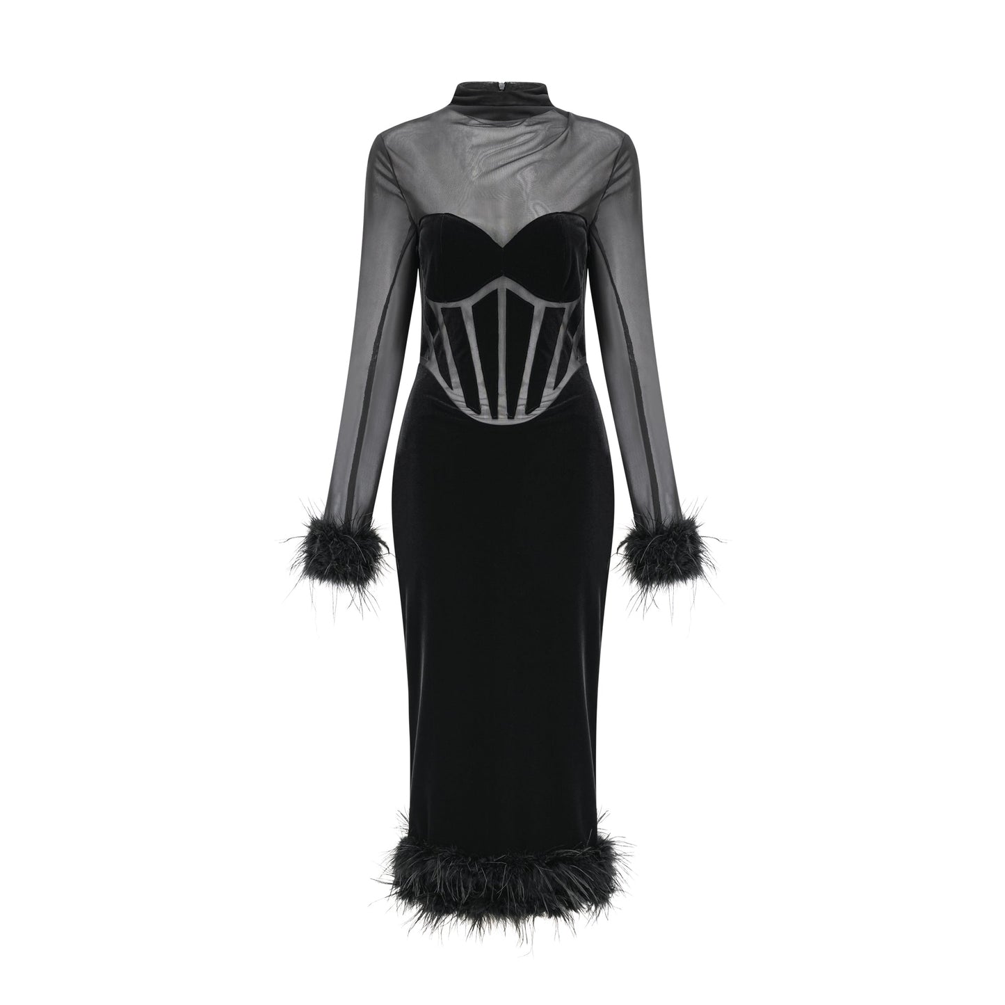 Jeanne feather-trim velvet midi dress (US Only)