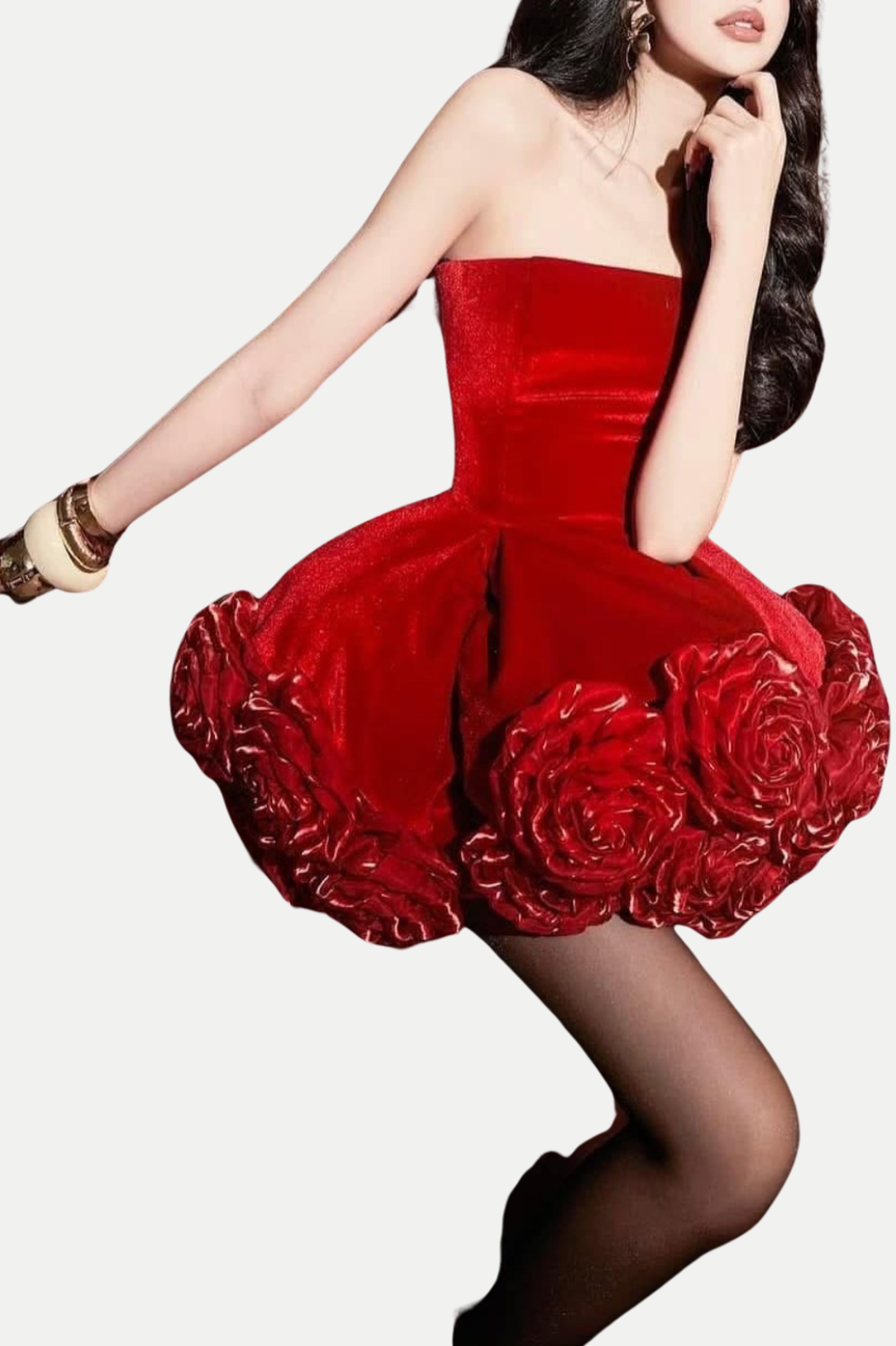 Sebast Flower Strapless Velvet Mini Dress - Red