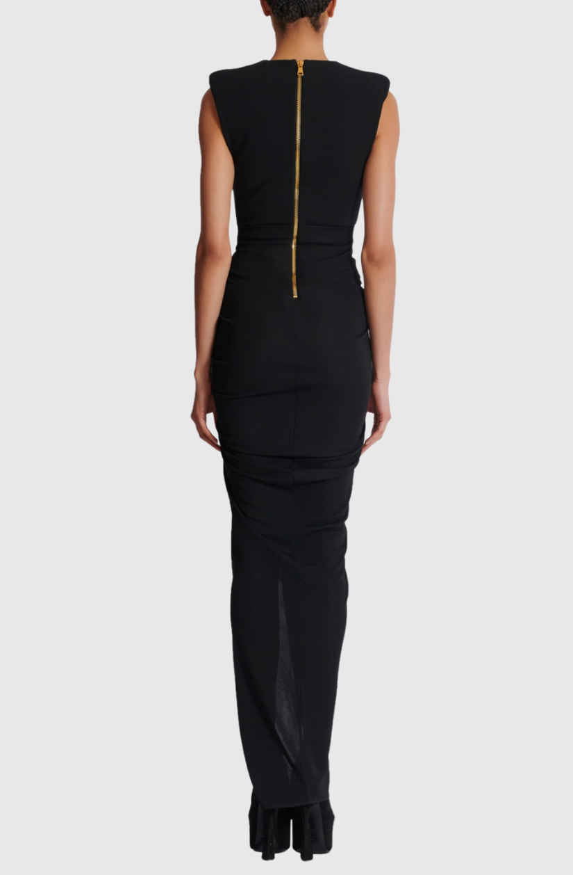 Sedzi Deep-V Sleeveless Ruched Slit Maxi Dress