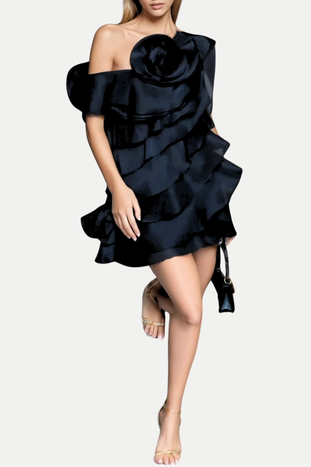 Shelyn Flower One Shoulder Ruffle Mini Dress - Black