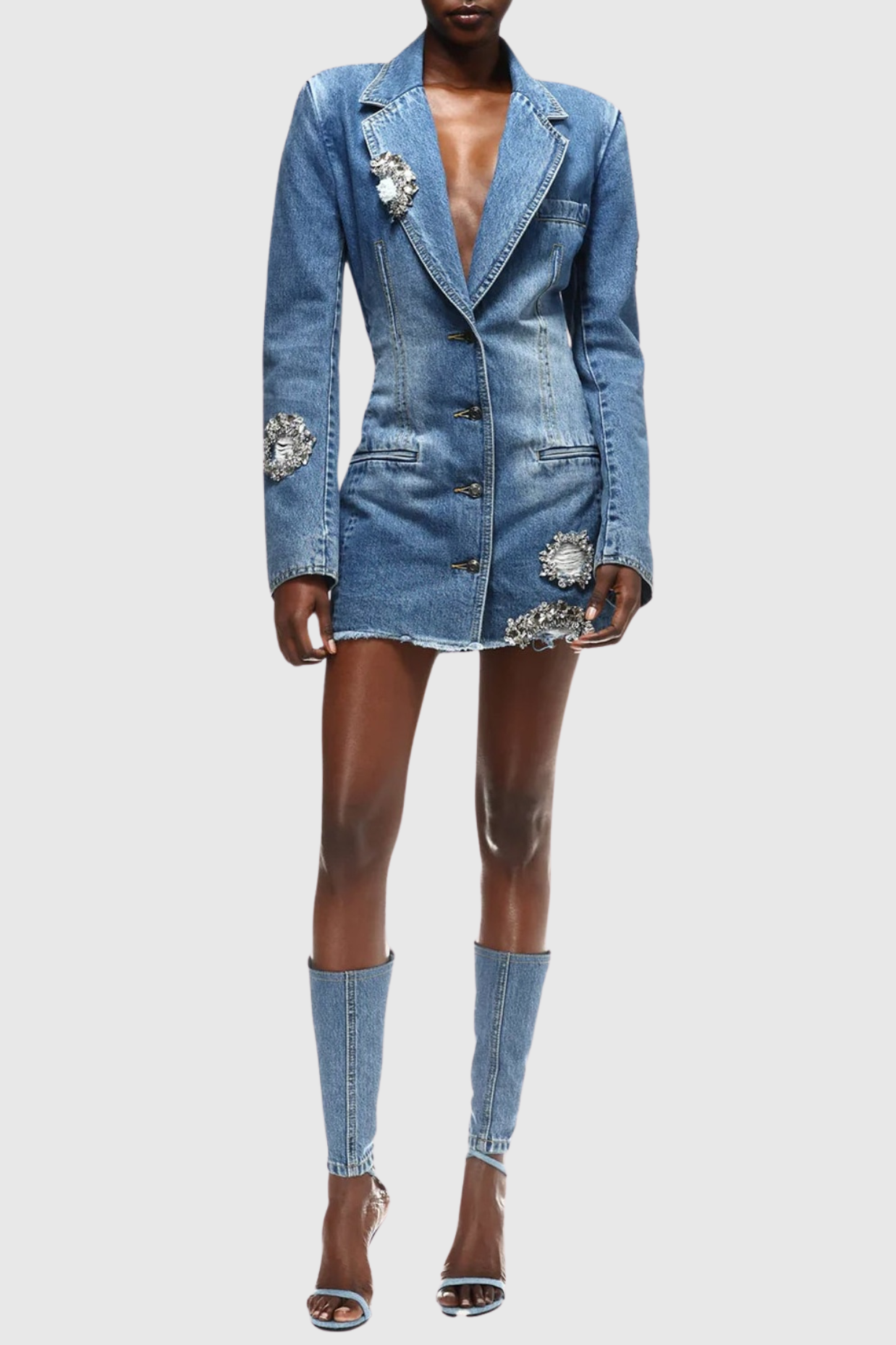 Taton Crystal Embellished Cutout Denim Blazer