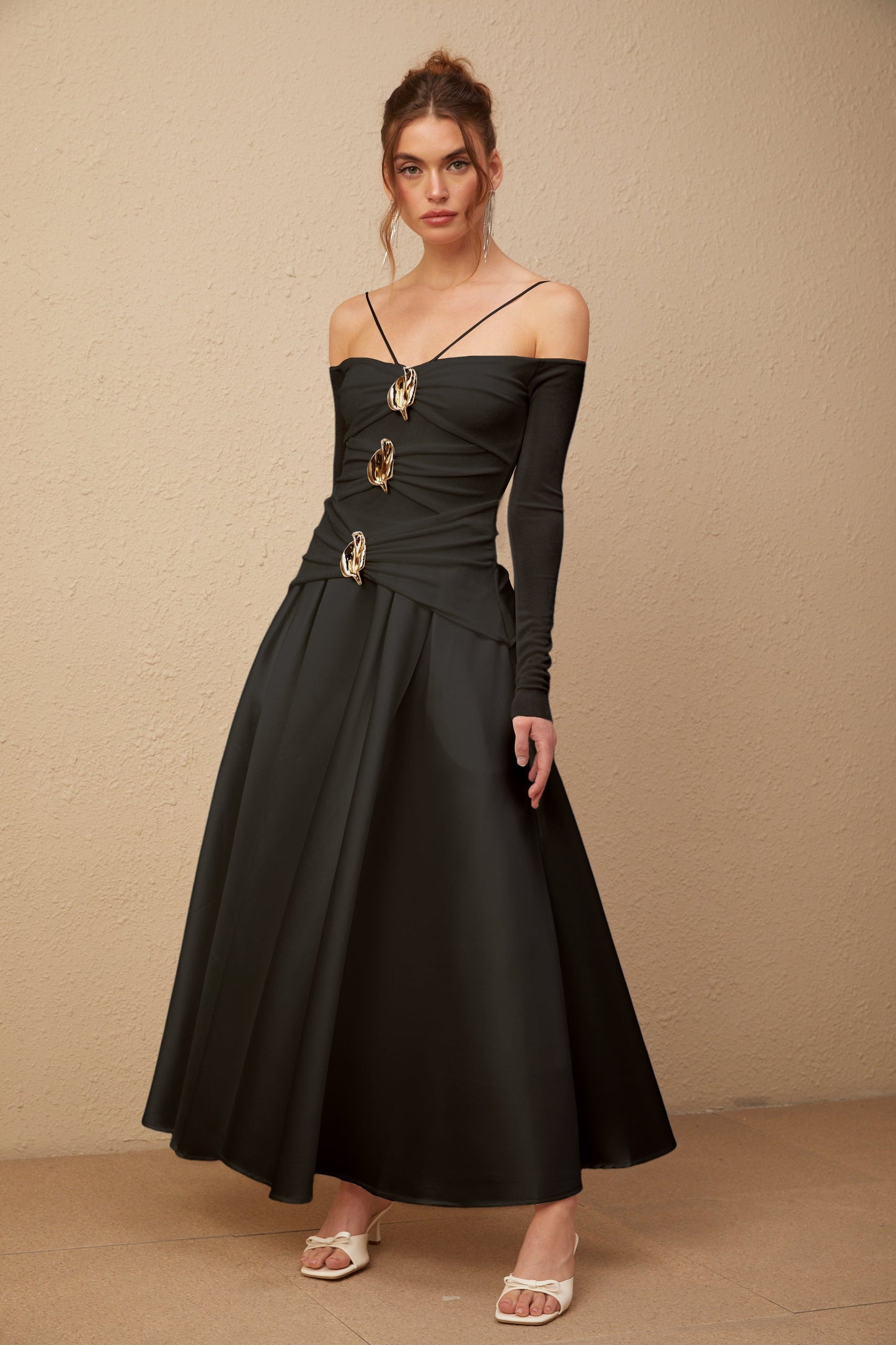 Nadine off-shoulder panelled maxi dress in Black