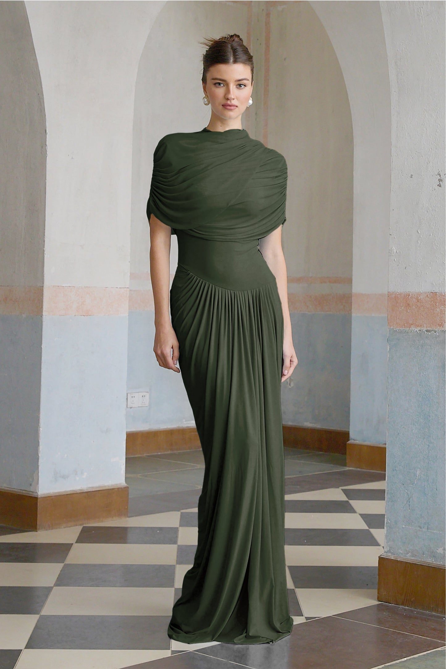 Catherine asymmetric pleated maxi dress in Green