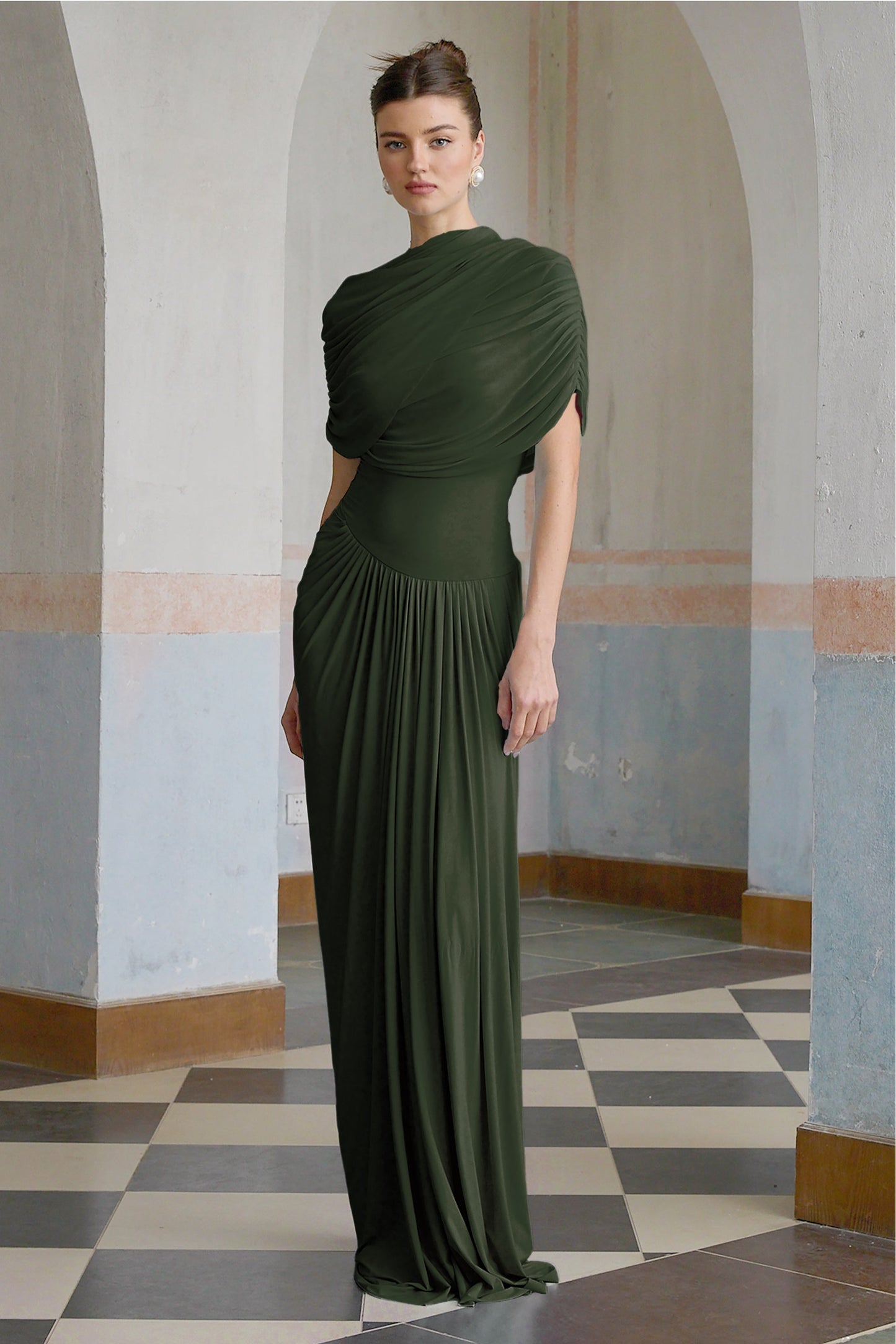 Catherine asymmetric pleated maxi dress in Green