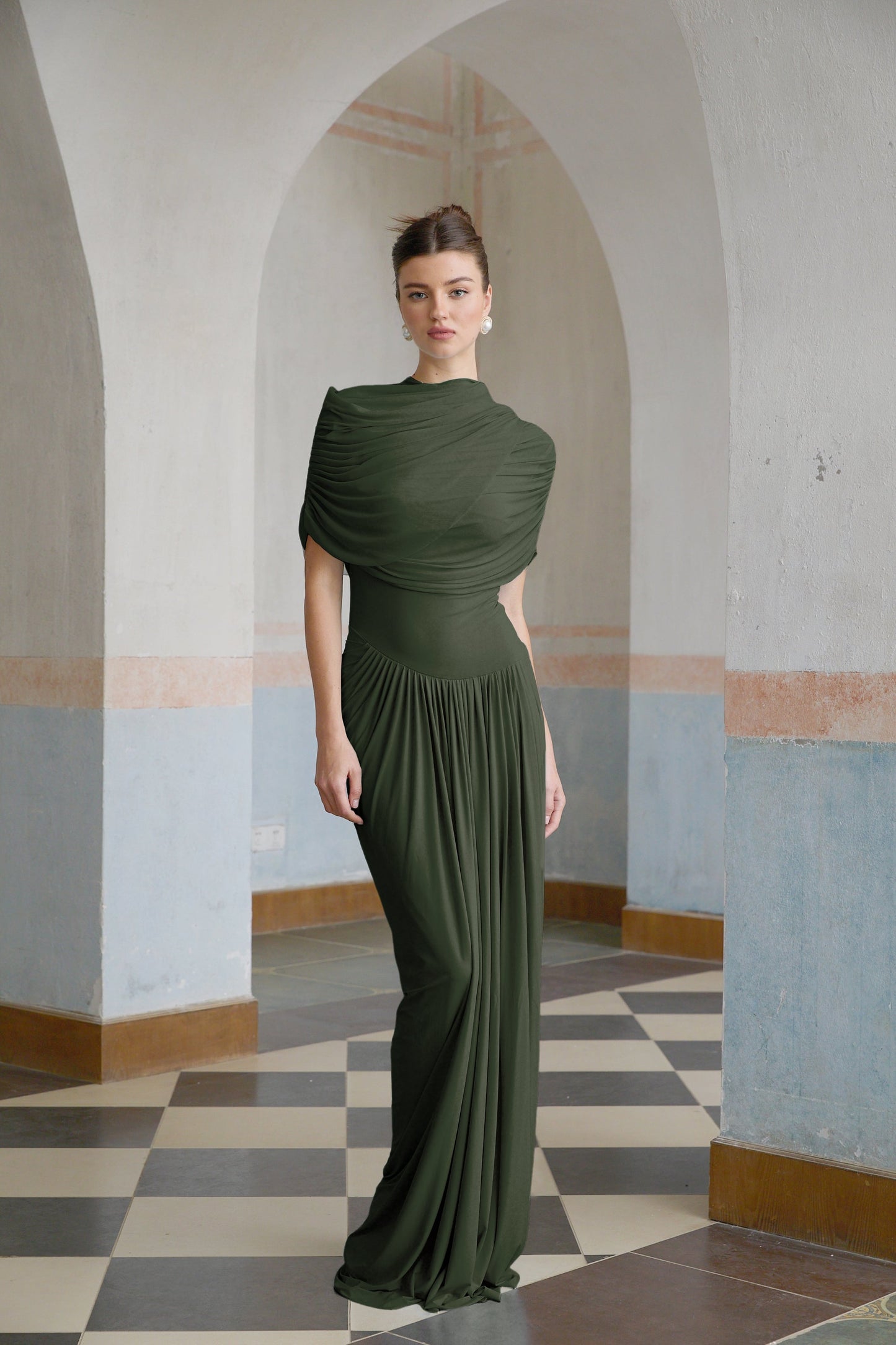 Catherine asymmetric pleated maxi dress in Green