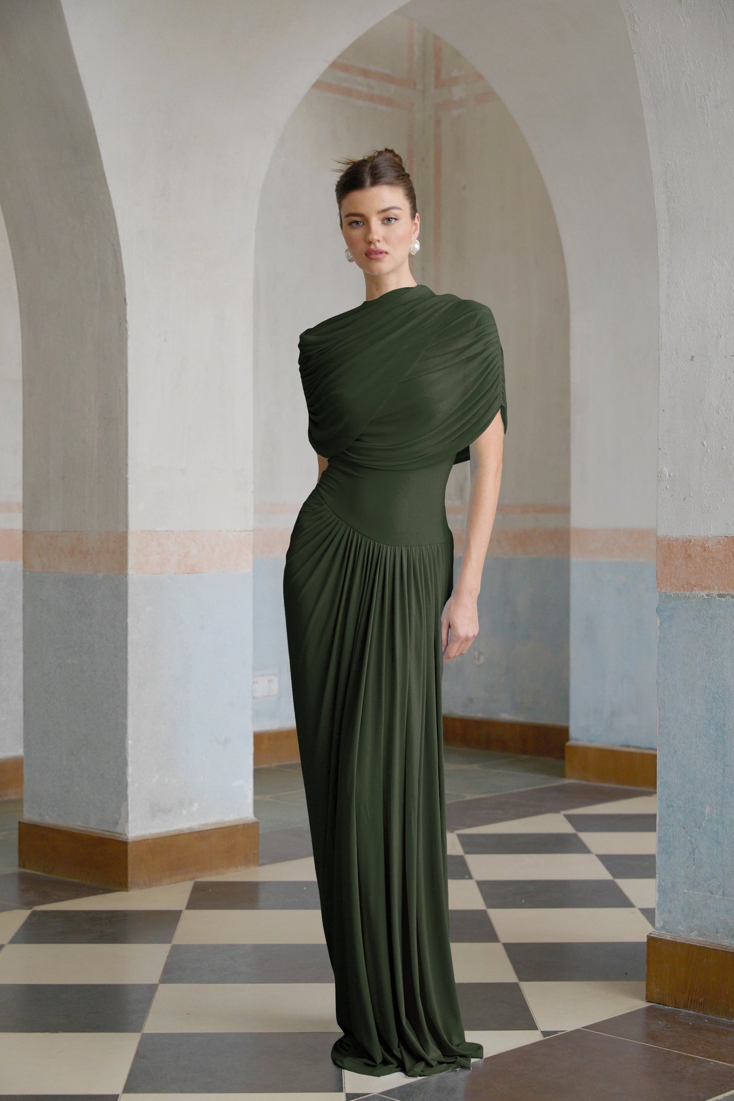 Catherine asymmetric pleated maxi dress in Green