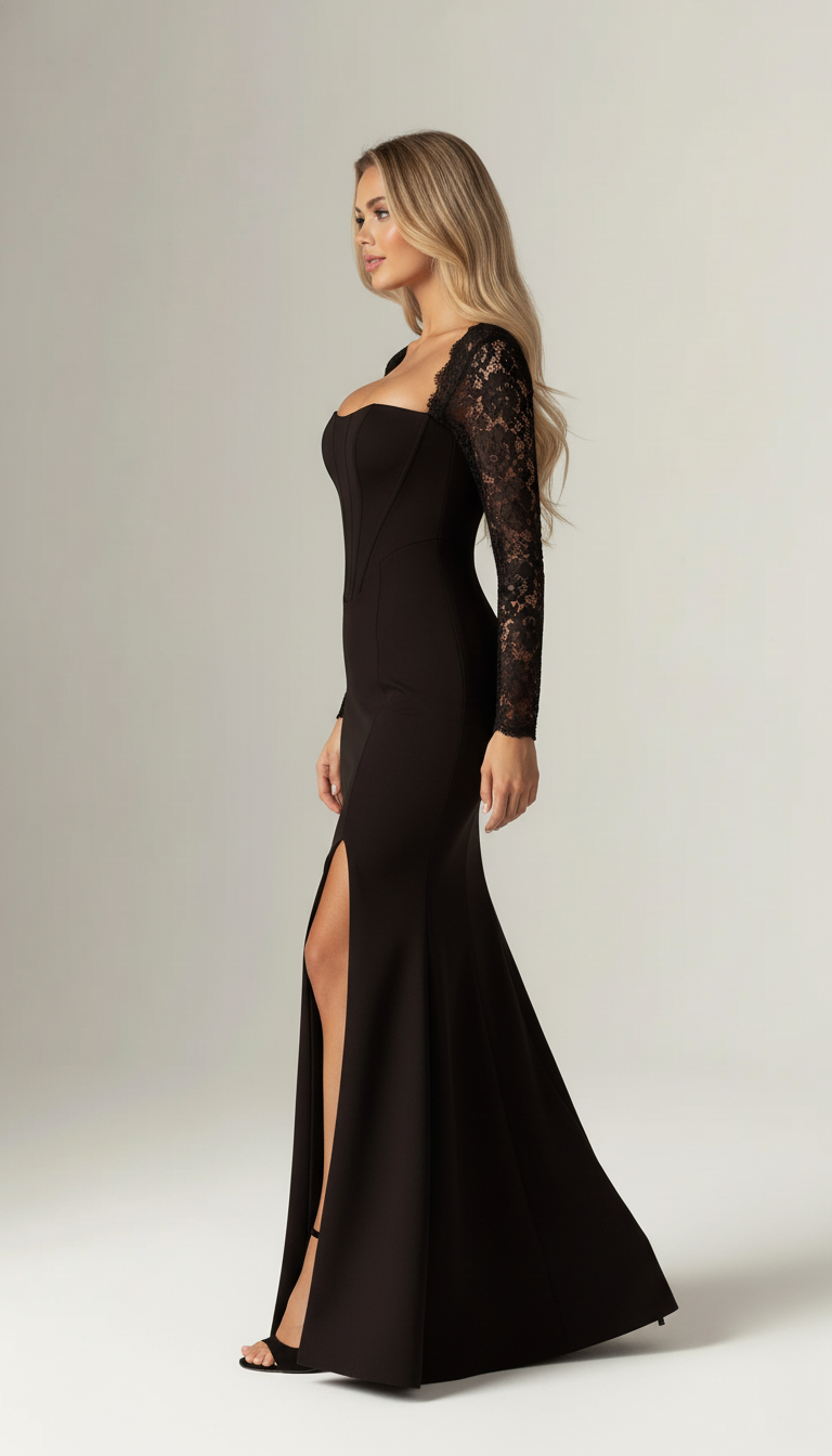 Elegant Black Corset-Style High Slit Evening Gown with Lace Sleeves