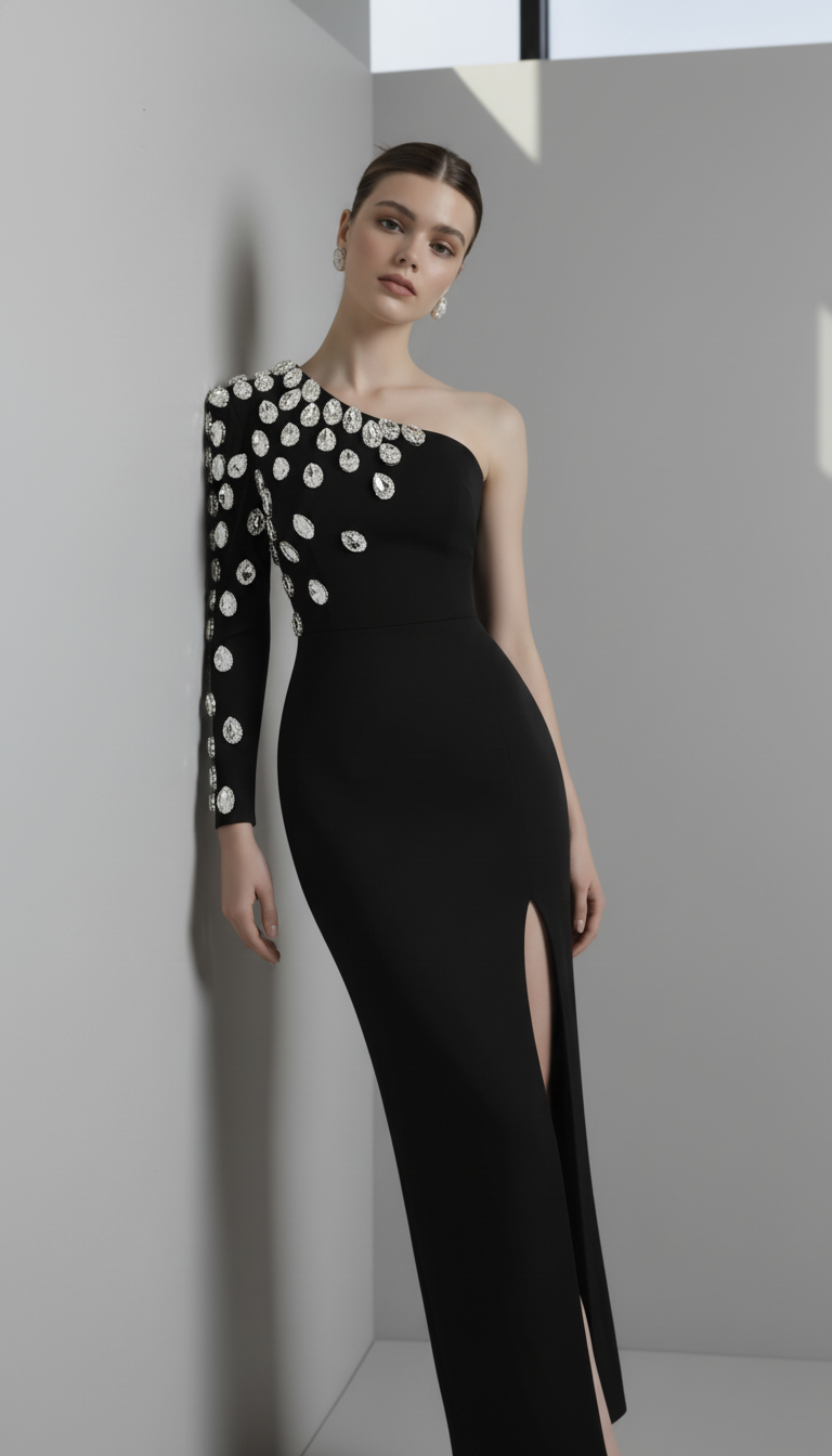 Fashion Women Celebrity Sexy Single Sleeve Rhinestone Black Maxi Long Bodycon