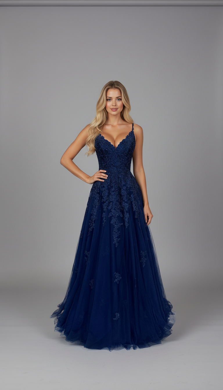 Romantic Navy Blue Lace Applique Tulle A-Line Prom Dress