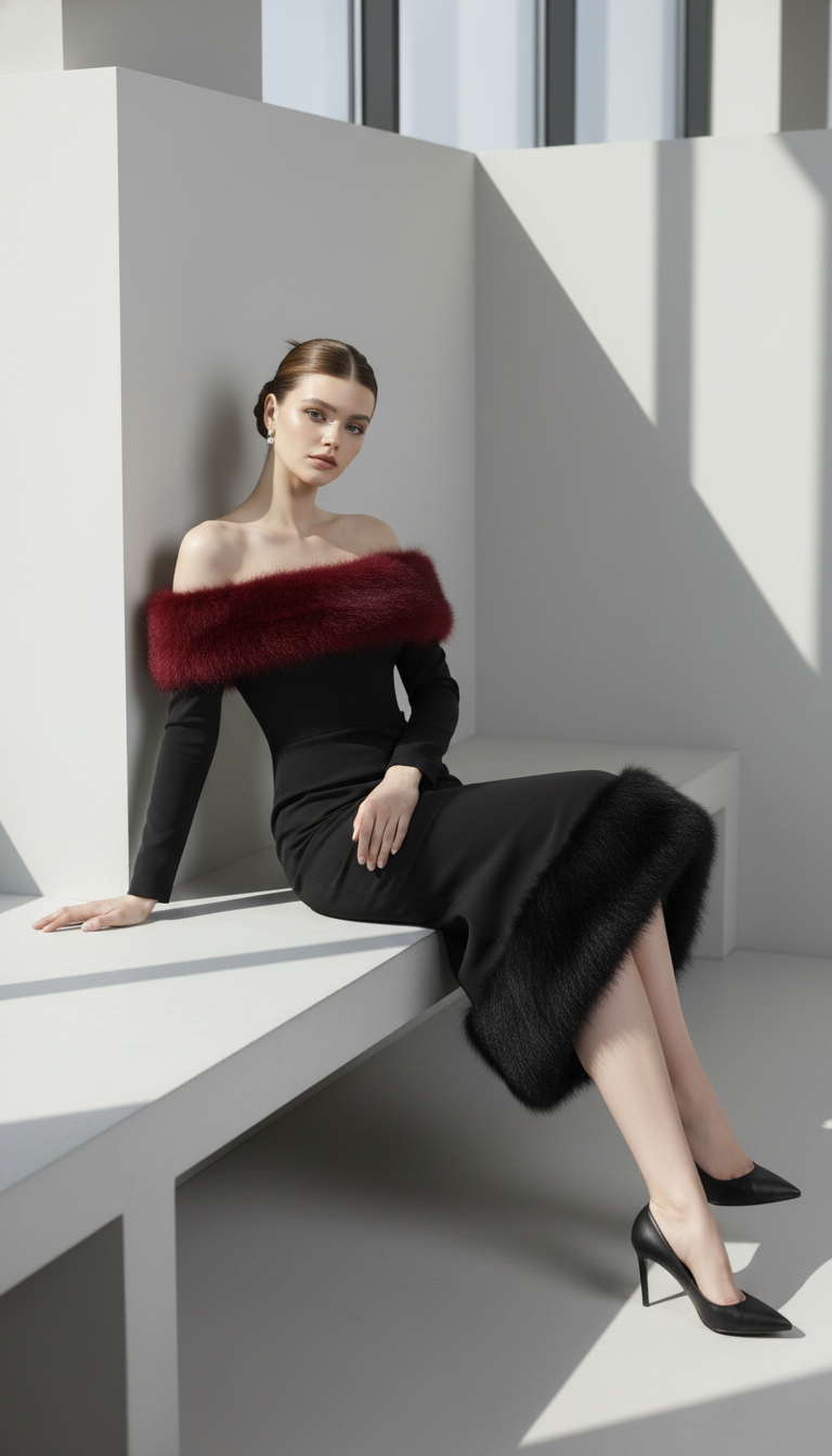 Solid Faux Fur Patchwork Strapless Maxi Dress Women Elegant Full Sleeve Off