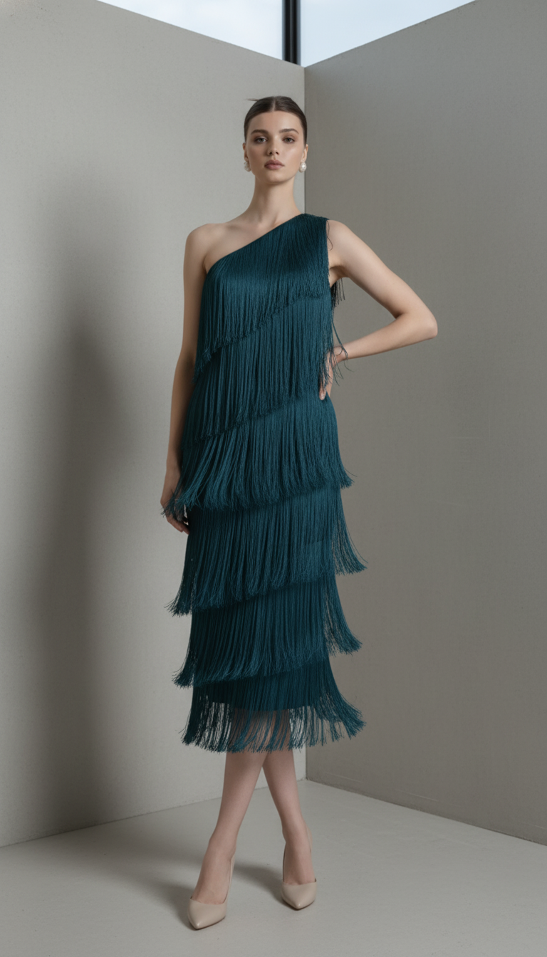 New Fashion Fringed Slanted Shoulder Asymmetrical Dress for Women
