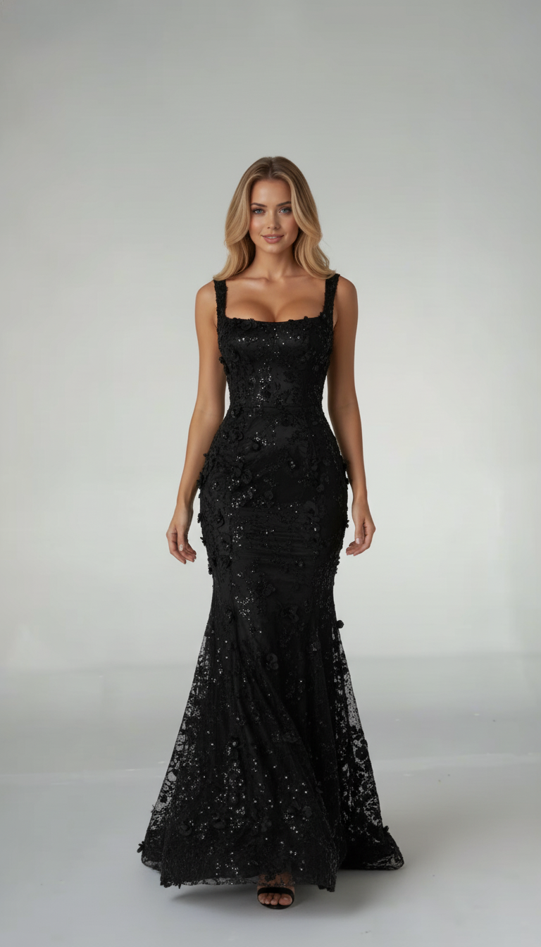 Elara Square-Neck Sequin Maxi Gown