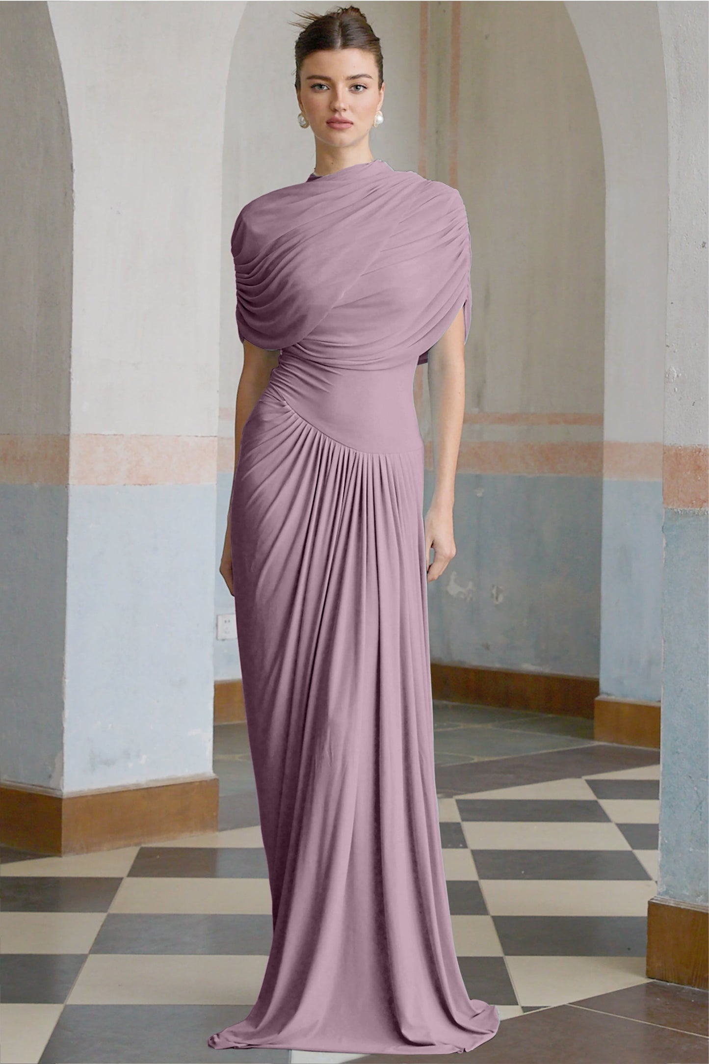 Catherine asymmetric pleated maxi dress in Purple