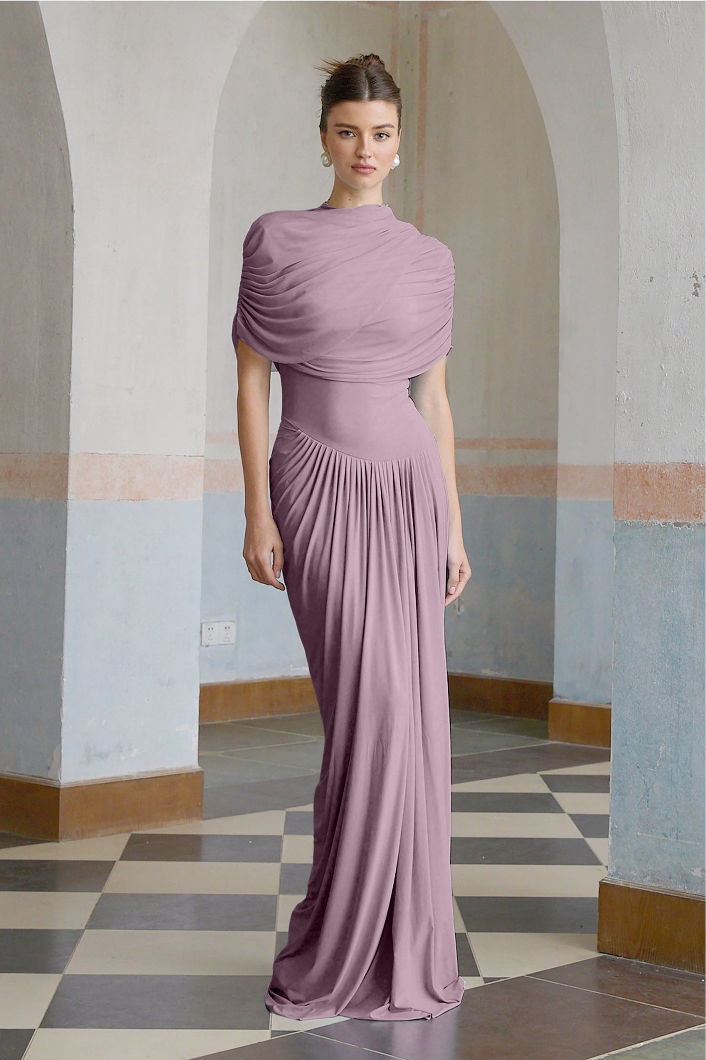 Catherine asymmetric pleated maxi dress in Purple