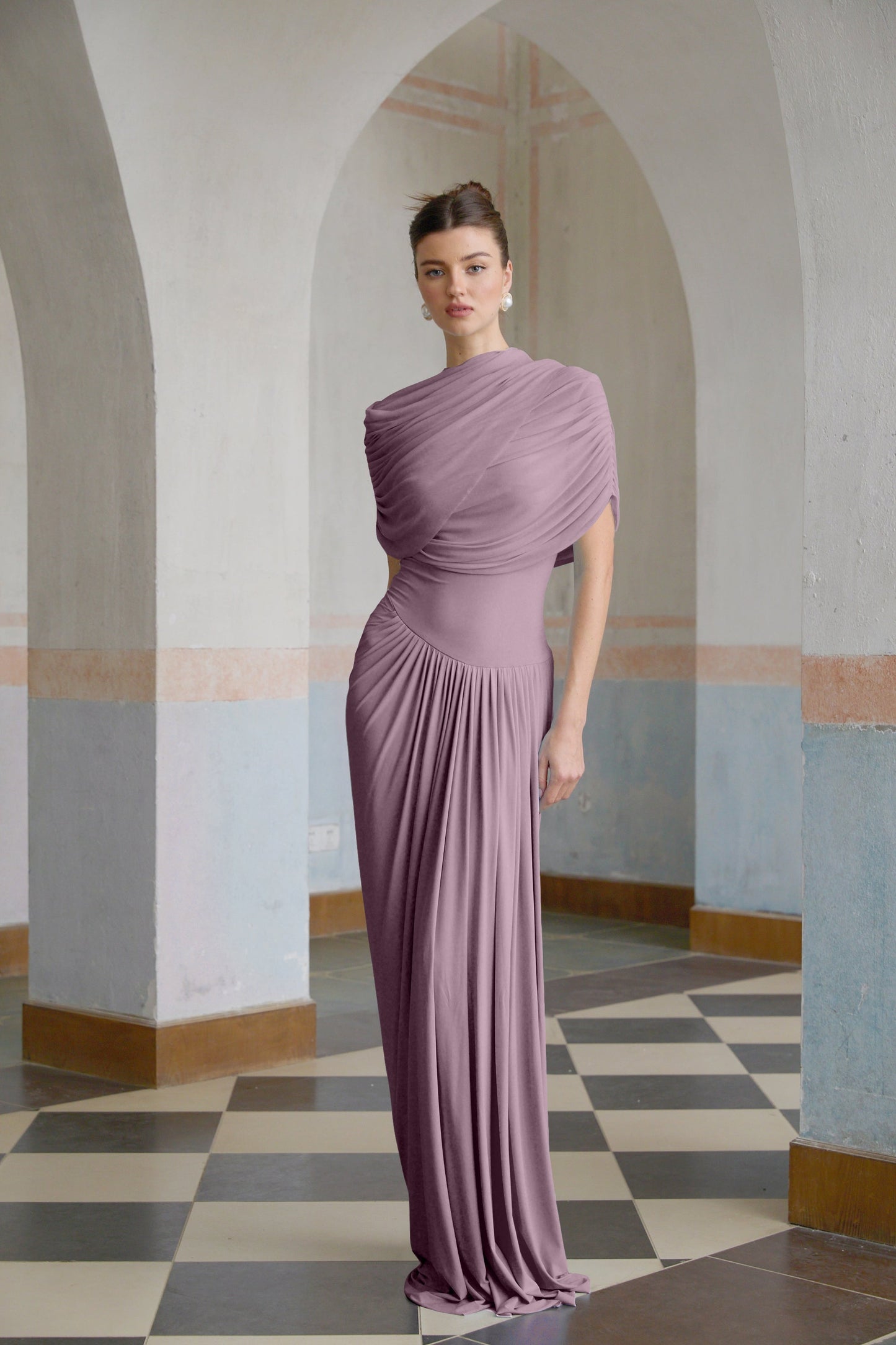 Catherine asymmetric pleated maxi dress in Purple