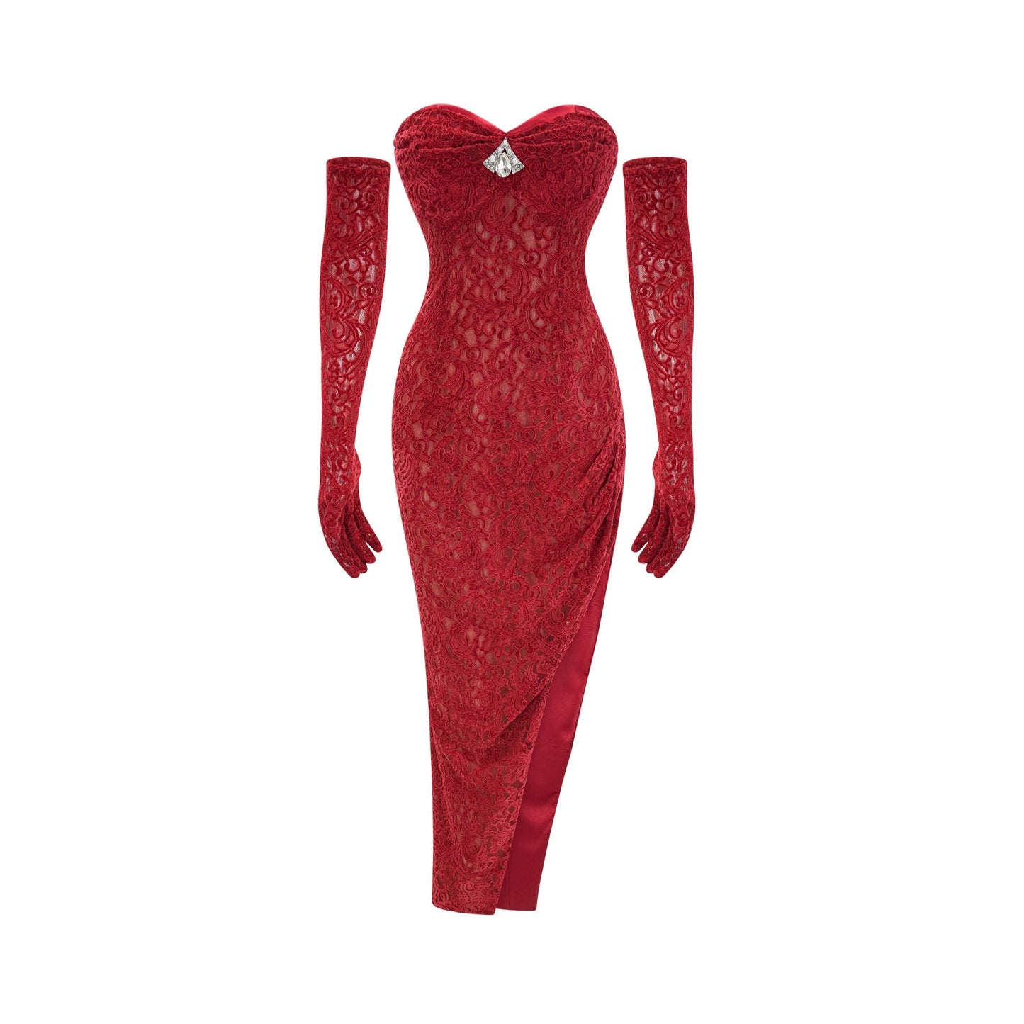 Belle red embellished midi dress (with gloves)