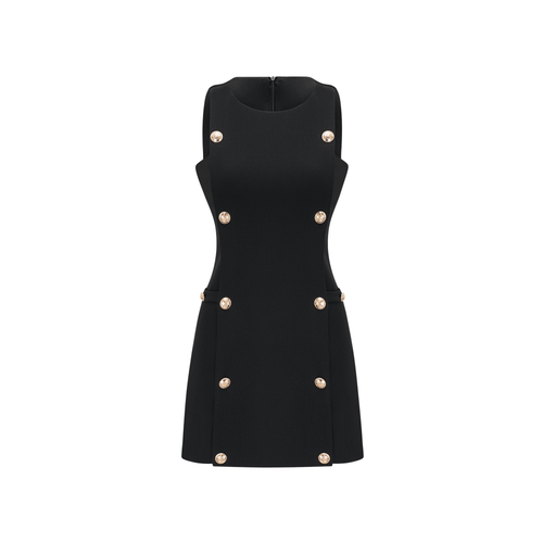 Cascade button-detail black mini dress