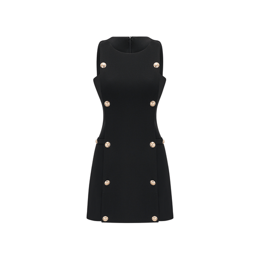 Cascade button-detail black mini dress