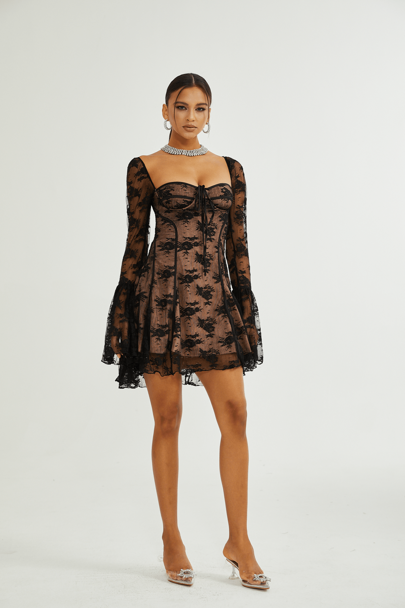 Cyrielle black flared-cuff long-sleeved dress