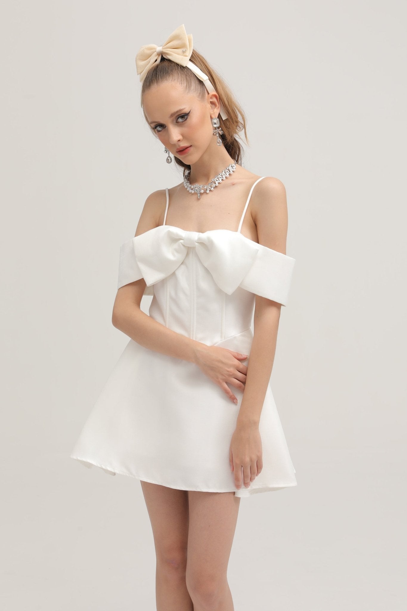 Elva white bowknot flared mini dress (US Only)