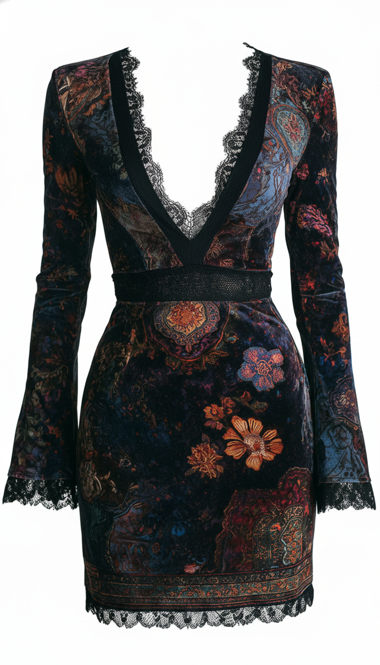 Boho Floral Print V-Neck Velvet Bodycon Mini Dress With Lace Trim