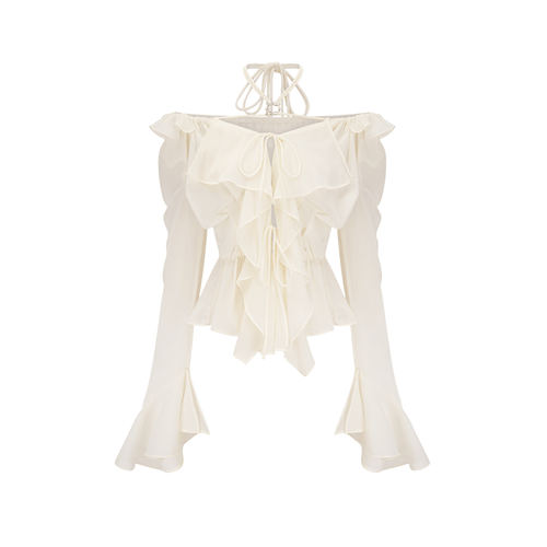 Fauve white ruffle strapless long-sleeve blouse