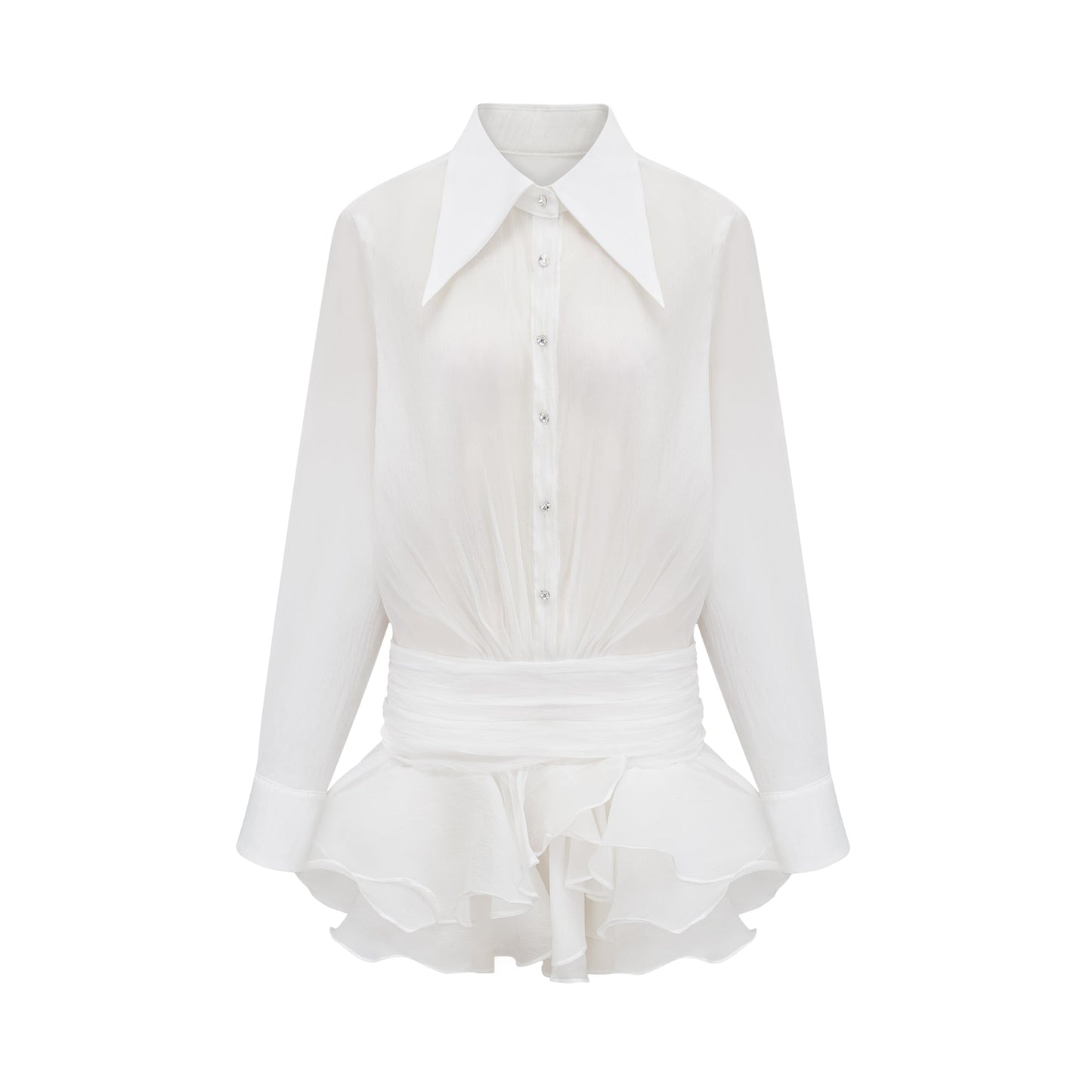 Renée white ruffled mini shirt dress
