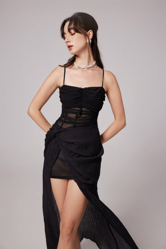 Guinevere black sheer asymmetric midi dress