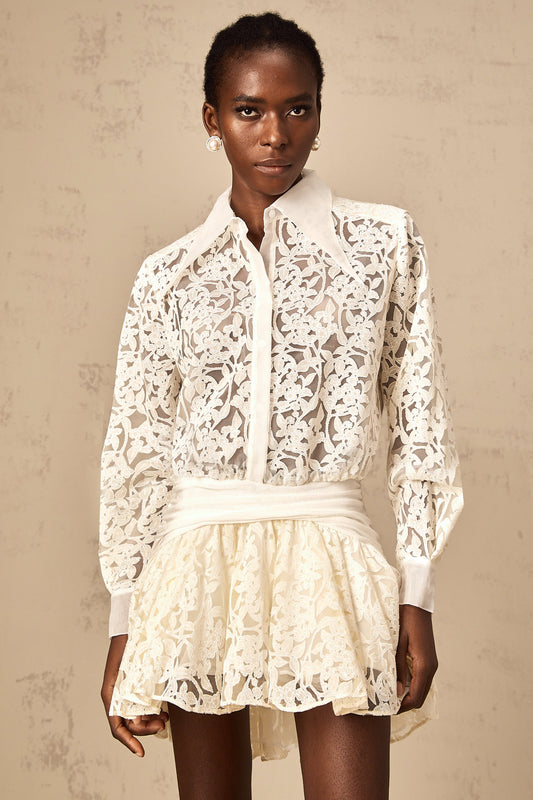 Bernadette off-white floral-lace mini shirt dress