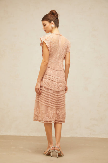 Fleur floral-embroidered lace midi dress in Pink