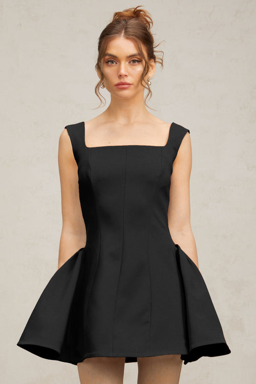 Margherita square-neck puff mini dress in Black