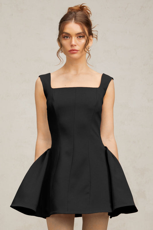 Margherita square-neck puff mini dress in Black