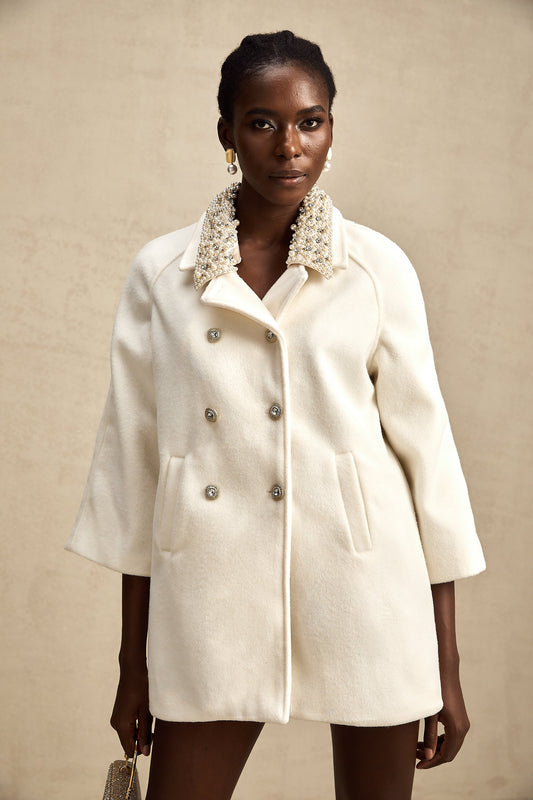 Fabienne white embellished woolen coat
