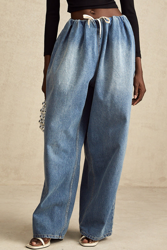 Eulalie blue pleated low-rise denim trousers