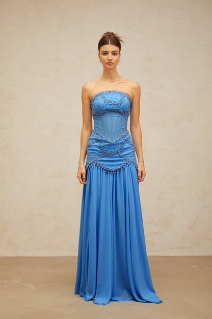 Gaëlle blue faux-pearl-embellished pleated maxi dress