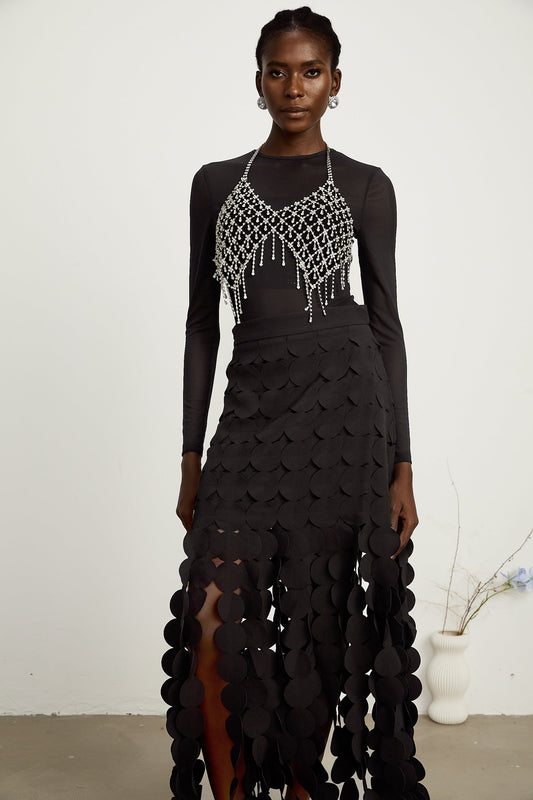 Hanna disc-design fringed maxi skirt in Black (US Only)