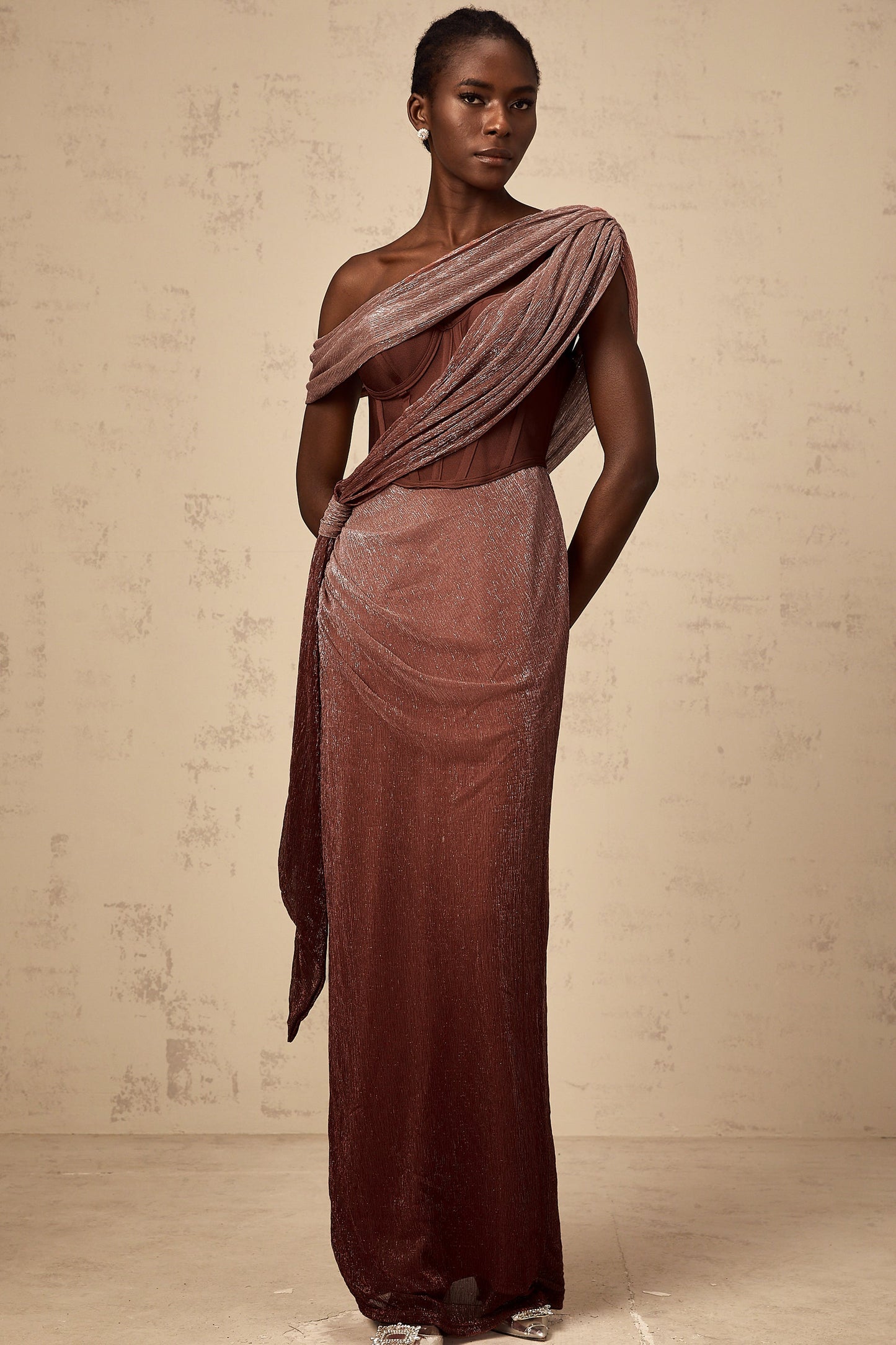 Delphine ribbon-design corset maxi dress in Brown