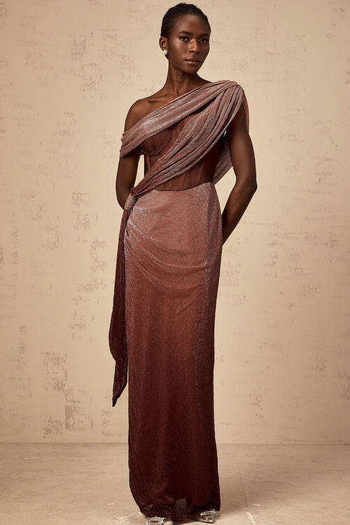 Delphine ribbon-design corset maxi dress in Brown