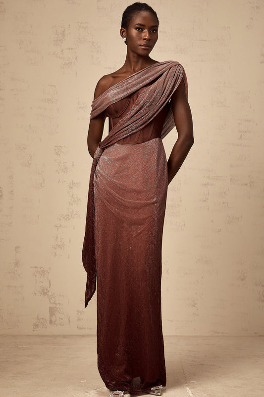 Delphine ribbon-design corset maxi dress in Brown