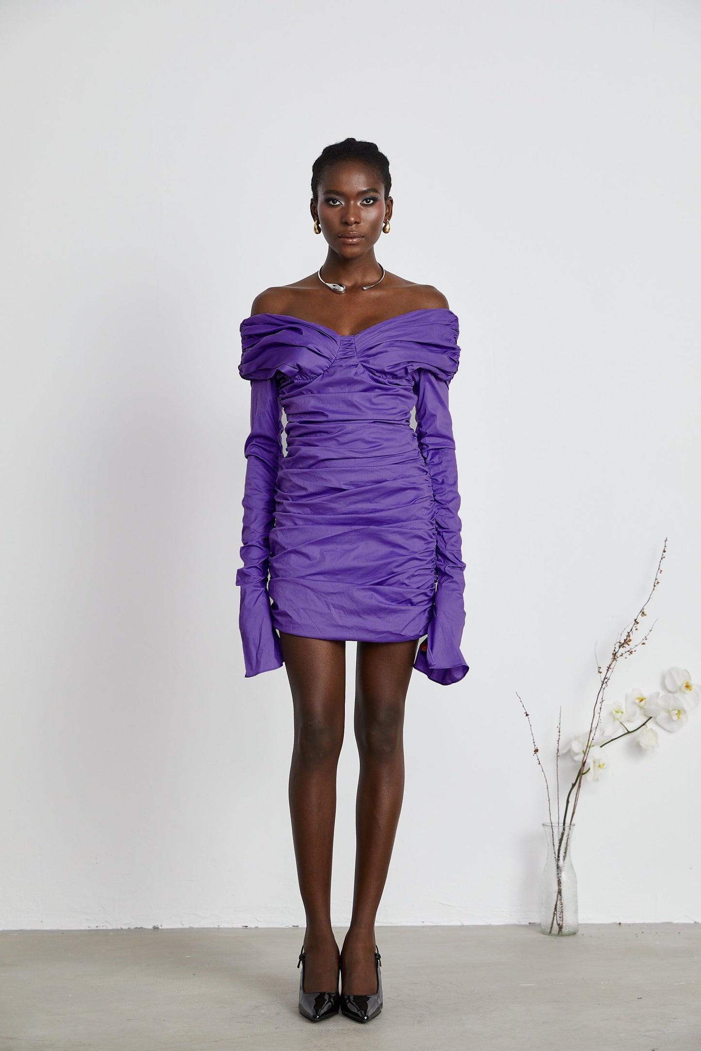 Apolline off-shoulder ruched mini dress