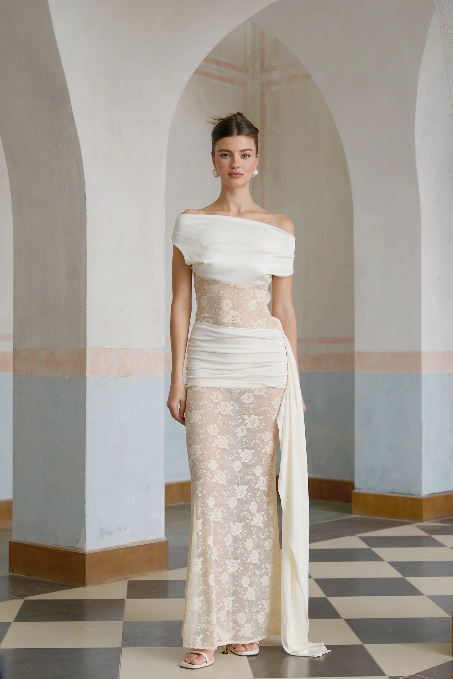 Lilou neutrals ribbon panelled floral-lace maxi dress