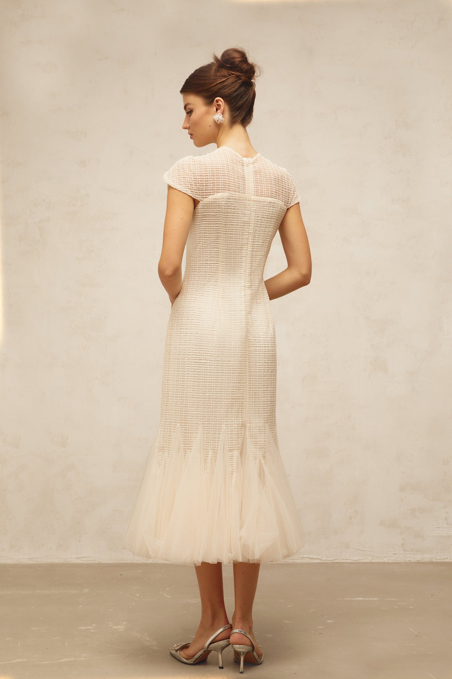 Bérengère white jacquard tulle-panel midi dress