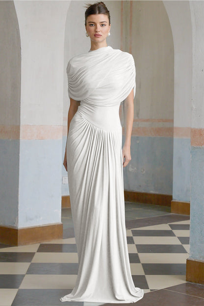 Catherine asymmetric pleated maxi dress in White