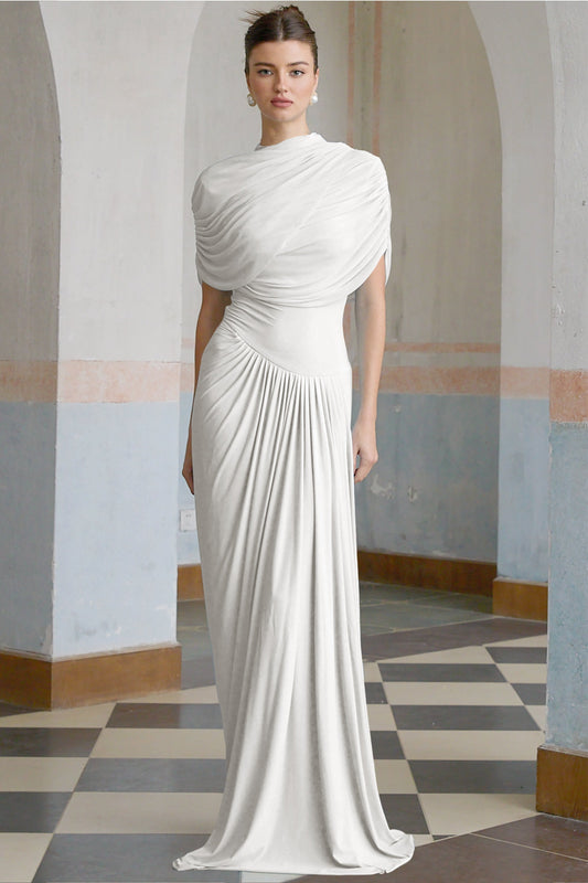 Catherine asymmetric pleated maxi dress in White