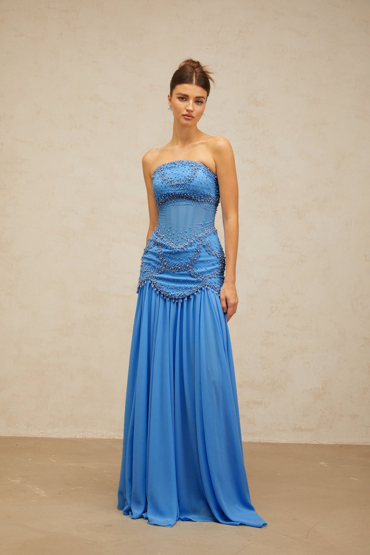 Gaëlle blue faux-pearl-embellished pleated maxi dress