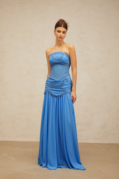 Gaëlle blue faux-pearl-embellished pleated maxi dress