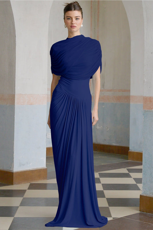 Catherine asymmetric pleated maxi dress in Navy-blue